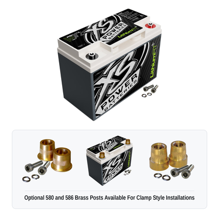 XS Power Li-PS545L lithium powersports battery with optional 580 and 586 brass post adaptors for clamp style installations
