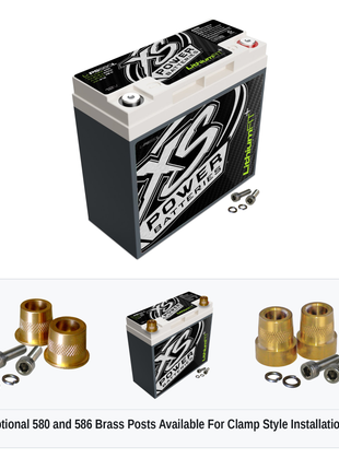 XS Power Li-PS680L lithium powersports battery with optional 580 and 586 brass post adaptors for clamp style installations