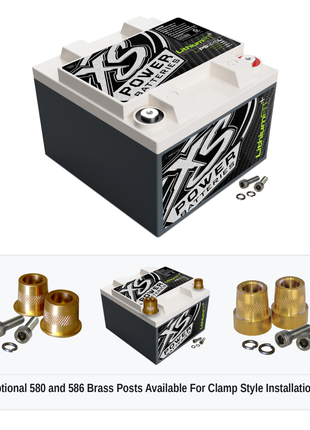 XS Power Li-PS925L lithium powersports battery with optional 580 and 586 brass post adaptors for clamp style installations