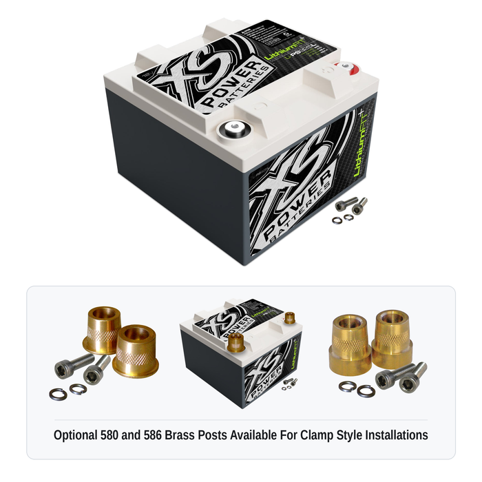 XS Power Li-PS925L lithium powersports battery with optional 580 and 586 brass post adaptors for clamp style installations