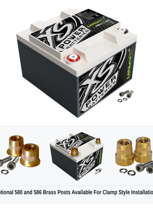 XS Power Li-PS925XR lithium powersports battery with optional 580 and 586 brass post adaptors for clamp style installations