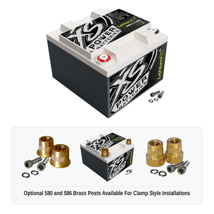 XS Power Li-PS925XR lithium powersports battery with optional 580 and 586 brass post adaptors for clamp style installations