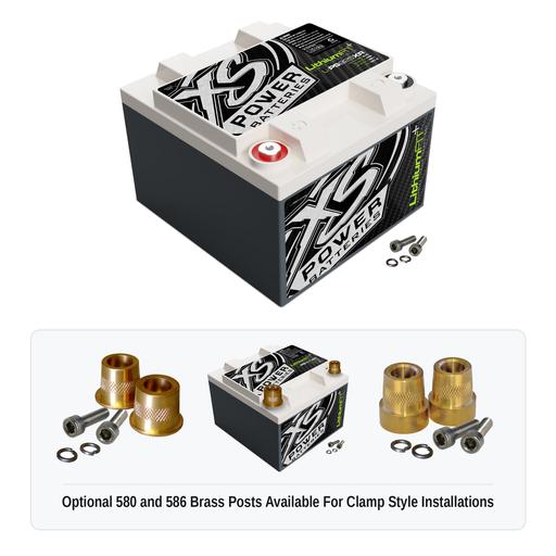 XS Power Li-PS925XR lithium powersports battery with optional 580 and 586 brass post adaptors for clamp style installations