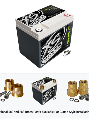 XS Power Li-PS975L lithium powersports battery with optional 580 and 586 brass post adaptors for clamp style installations