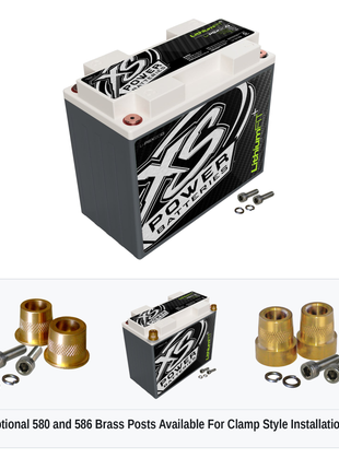 XS Power Li-PSX20Q lithium powersports battery with optional 580 and 586 brass post adaptors for clamp style installations