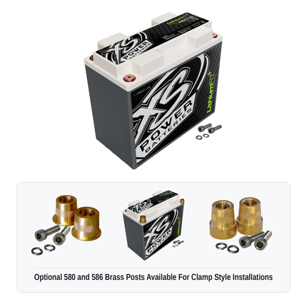 XS Power Li-PSX20Q lithium powersports battery with optional 580 and 586 brass post adaptors for clamp style installations