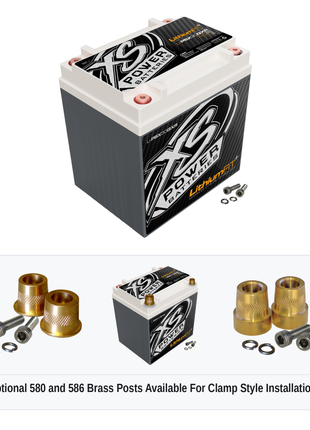 XS Power Li-PSX30QXR lithium powersports battery with optional 580 and 586 brass post adaptors for clamp style installations