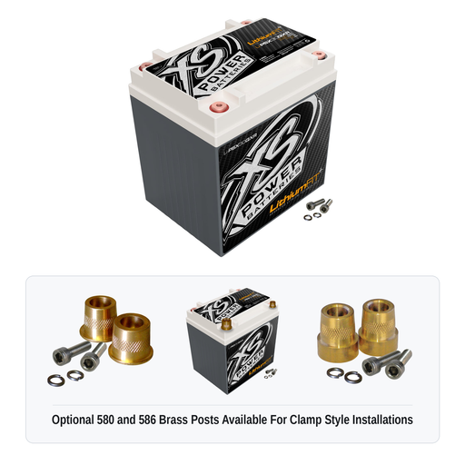 XS Power Li-PSX30QXR lithium powersports battery with optional 580 and 586 brass post adaptors for clamp style installations