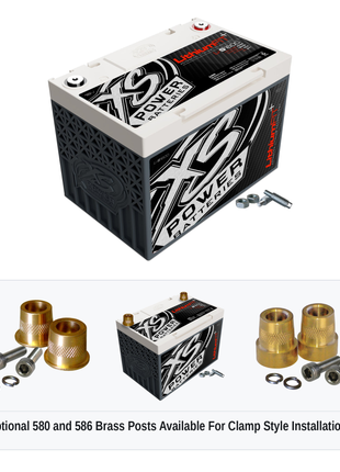 XS Power Li-S1600 16V lithium battery with optional 580 and 586 brass post adaptors for clamp style installations