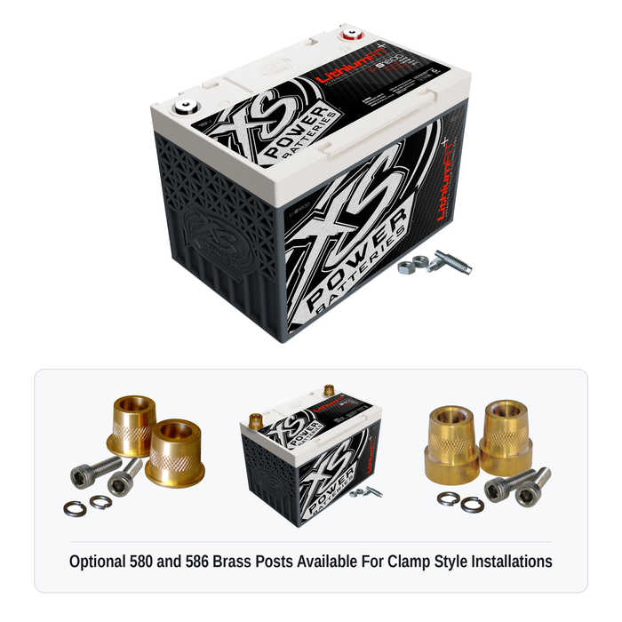XS Power Li-S1600 16V lithium battery with optional 580 and 586 brass post adaptors for clamp style installations