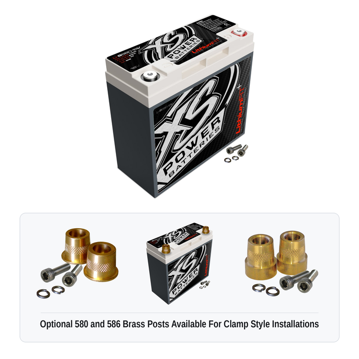 XS Power Li-S680-16 16V lithium battery with optional 580 and 586 brass post adaptors for clamp style installations