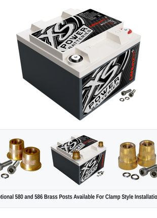XS Power Li-S925-16 16V lithium battery with optional 580 and 586 brass post adaptors for clamp style installations