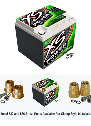 XS Power PS1200L 12V AGM powersports battery with optional 580 and 586 brass post adaptors for clamp style installations