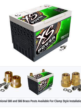 XS Power PS3400 Group 34 12V AGM powersports battery with optional 580 and 586 brass post adaptors for clamp style installations