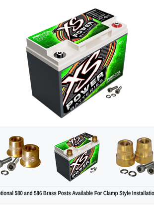 XS Power PS545L 12V AGM powersports battery with optional 580 and 586 brass post adaptors for clamp style installations