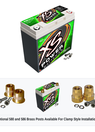 XS Power PS680L 12V AGM powersports battery with optional 580 and 586 brass post adaptors for clamp style installations