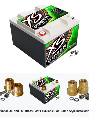 XS Power PS925 12V AGM powersports battery with optional 580 and 586 brass post adaptors for clamp style installations