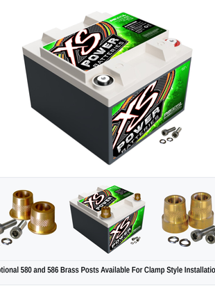 XS Power PS925L 12V AGM powersports battery with optional 580 and 586 brass post adaptors for clamp style installations