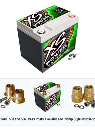 XS Power PS975L 12V AGM powersports battery with optional 580 and 586 brass post adaptors for clamp style installations