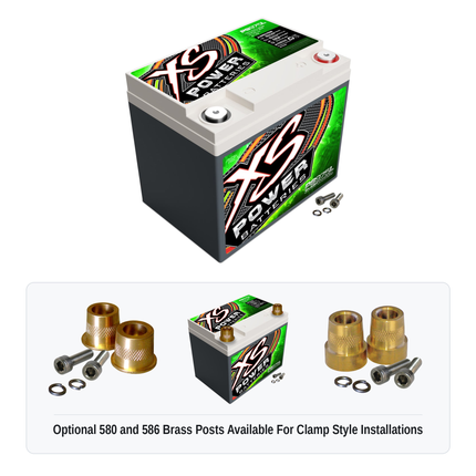 XS Power PS975L 12V AGM powersports battery with optional 580 and 586 brass post adaptors for clamp style installations