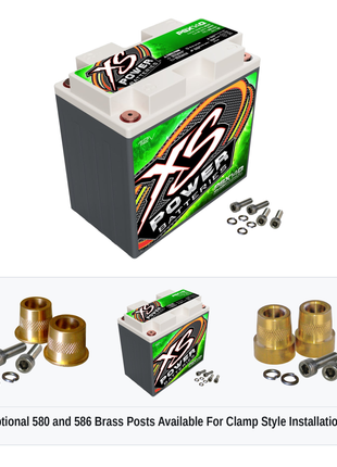 XS Power PSX14Q Group 14/14L 12V AGM powersports battery with optional 580 and 586 brass post adaptors for clamp style installations
