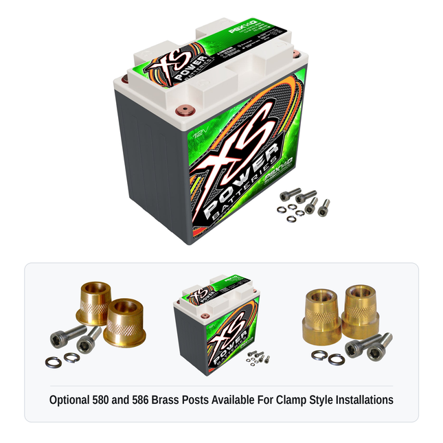 XS Power PSX14Q Group 14/14L 12V AGM powersports battery with optional 580 and 586 brass post adaptors for clamp style installations