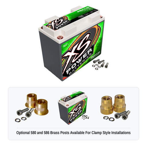 XS Power PSX20Q Group 20/20L 12V AGM powersports battery with optional 580 and 586 brass post adaptors for clamp style installations