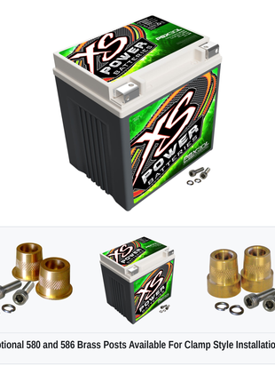 XS Power PSX30L Group 30L 12V AGM powersports battery with optional 580 and 586 brass post adaptors for clamp style installations
