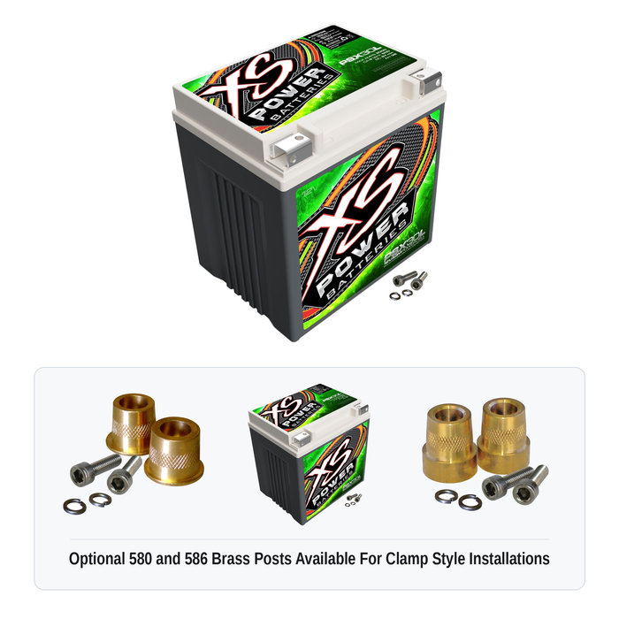XS Power PSX30L Group 30L 12V AGM powersports battery with optional 580 and 586 brass post adaptors for clamp style installations