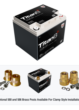 XS Power PWR-S5-1200 Titan8 battery with optional 580 and 586 brass post adaptors for clamp style installations
