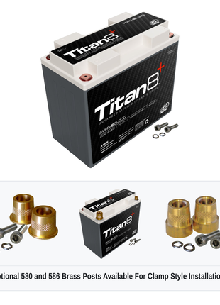 XS Power PWR-S5-20Q Titan8 battery with optional 580 and 586 brass post adaptors for clamp style installations