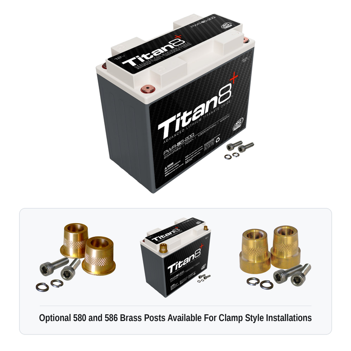 XS Power PWR-S5-20Q Titan8 battery with optional 580 and 586 brass post adaptors for clamp style installations