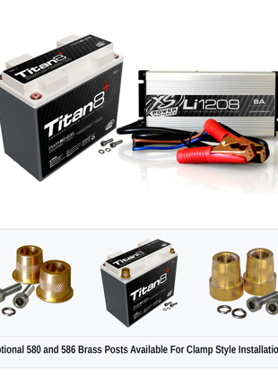 XS Power PWR-S5-20QCK Titan8 battery and Li1208 charger kit with optional 580 and 586 brass post adaptors for clamp style installations