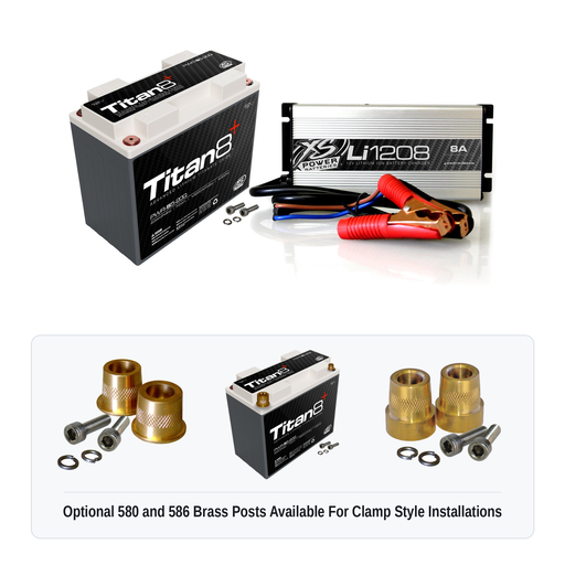 XS Power PWR-S5-20QCK Titan8 battery and Li1208 charger kit with optional 580 and 586 brass post adaptors for clamp style installations