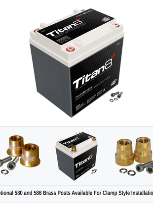 XS Power PWR-S5-30Q Titan8 battery with optional 580 and 586 brass post adaptors for clamp style installations