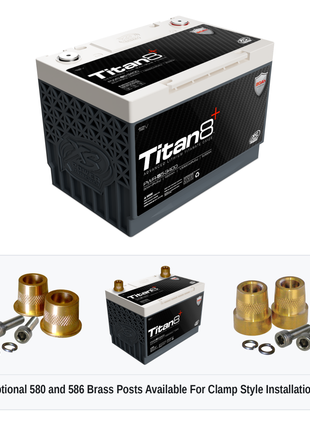 XS Power PWR-S5-3400 Titan8 battery with optional 580 and 586 brass post adaptors for clamp style installations