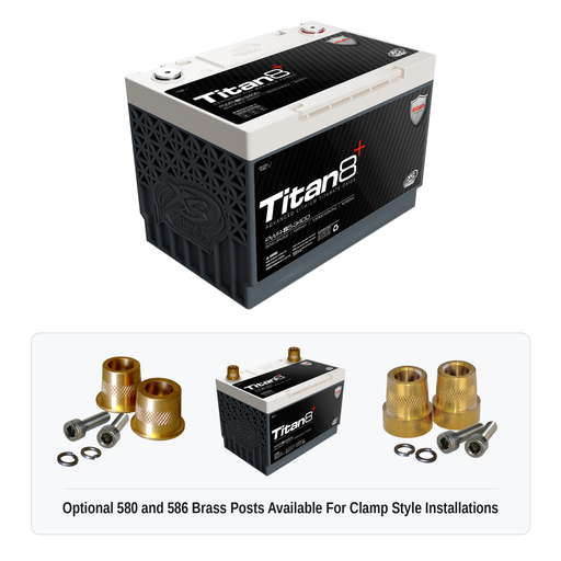 XS Power PWR-S5-3400 Titan8 battery with optional 580 and 586 brass post adaptors for clamp style installations
