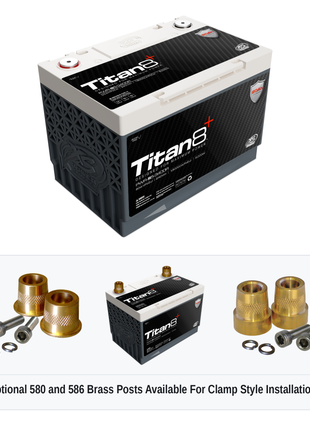 XS Power PWR-S5-3400R Titan8 battery with optional 580 and 586 brass post adaptors for clamp style installations
