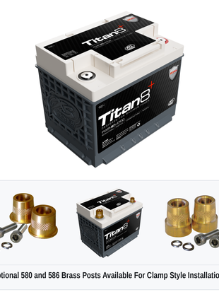 XS Power PWR-S5-4700 Titan8 battery with optional 580 and 586 brass post adaptors for clamp style installations