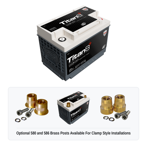 XS Power PWR-S5-4800 Titan8 battery with optional 580 and 586 brass post adaptors for clamp style installations