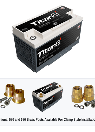 XS Power PWR-S5-4900 Titan8 battery with optional 580 and 586 brass post adaptors for clamp style installations