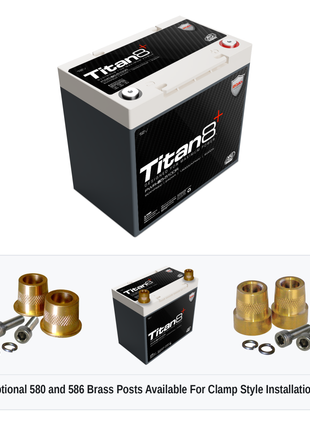 XS Power PWR-S5-5100R Titan8 battery with optional 580 and 586 brass post adaptors for clamp style installations