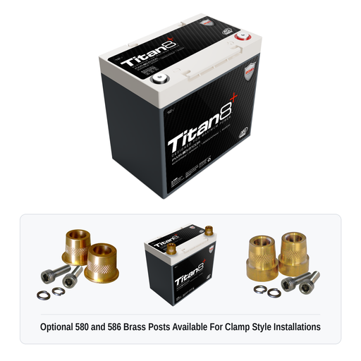 XS Power PWR-S5-5100R Titan8 battery with optional 580 and 586 brass post adaptors for clamp style installations