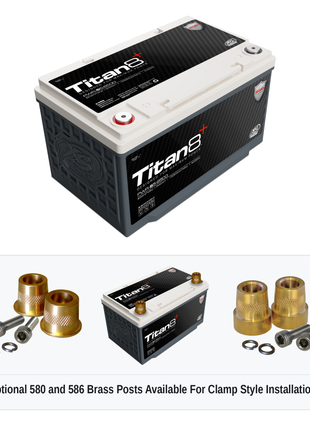 XS Power PWR-S5-6500 Titan8 battery with optional 580 and 586 brass post adaptors for clamp style installations