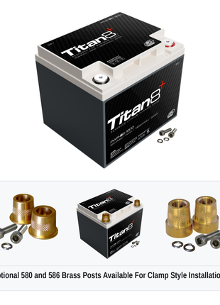 XS Power PWR-S6-1200 Titan8 lithium battery with optional 580 and 586 brass post adaptors for clamp style installations