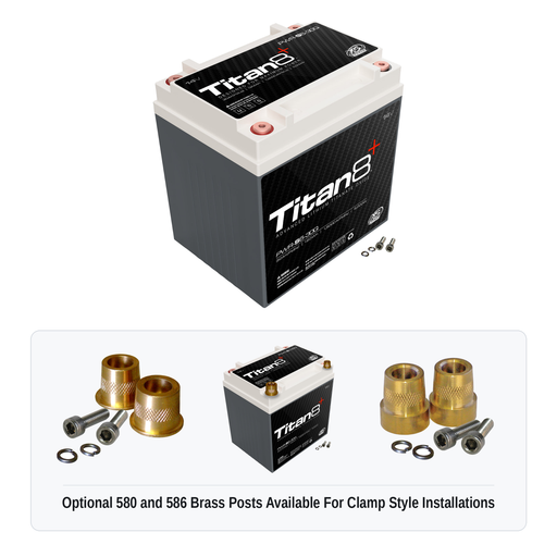 XS Power PWR-S6-30Q Titan8 lithium battery with optional 580 and 586 brass post adaptors for clamp style installations