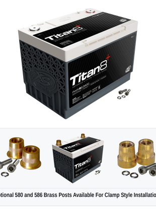 XS Power PWR-S6-3400 Titan8 lithium battery with optional 580 and 586 brass post adaptors for clamp style installations