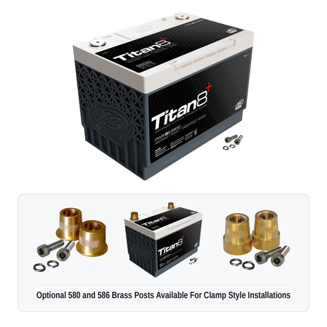 XS Power PWR-S6-3400 Titan8 lithium battery with optional 580 and 586 brass post adaptors for clamp style installations