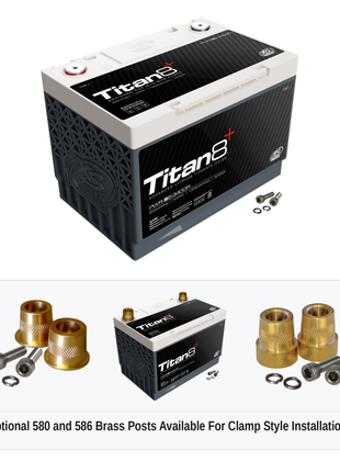 XS Power PWR-S6-3400R Titan8 lithium battery with optional 580 and 586 brass post adaptors for clamp style installations