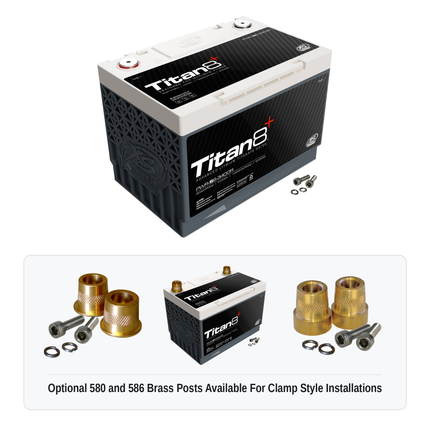 XS Power PWR-S6-3400R Titan8 lithium battery with optional 580 and 586 brass post adaptors for clamp style installations